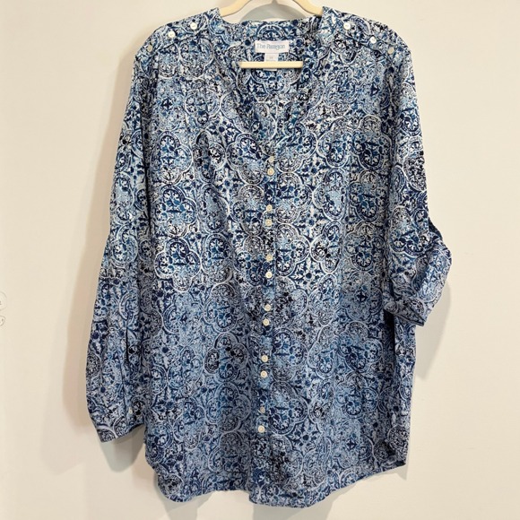 The Paragon Tops - Womens Beachy Button Front‎ Top 2X Medallion Cotton Mediterranean Coastal 20629